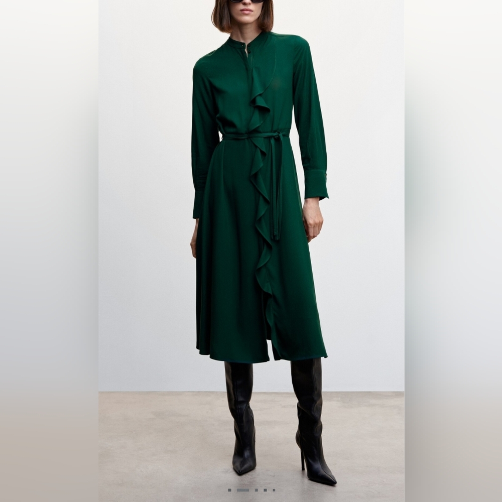 NWOT Mango Green Long Sleeve Dress with Ruffle Detail